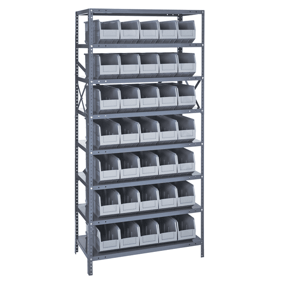 Quantum Storage Systems 1875-461GY Solid Heavy Duty 8 Shelves 75" H x 36" W x 18" D with 35 Gray Bins 18" L x 6" W x 7" H
