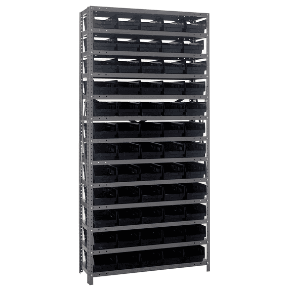 Quantum Storage Systems 1275-102BK Solid Heavy Duty 13 Shelves 75" H x 36" W x 12" D with 60 Black Bins 12" L x 7" W x 4" H