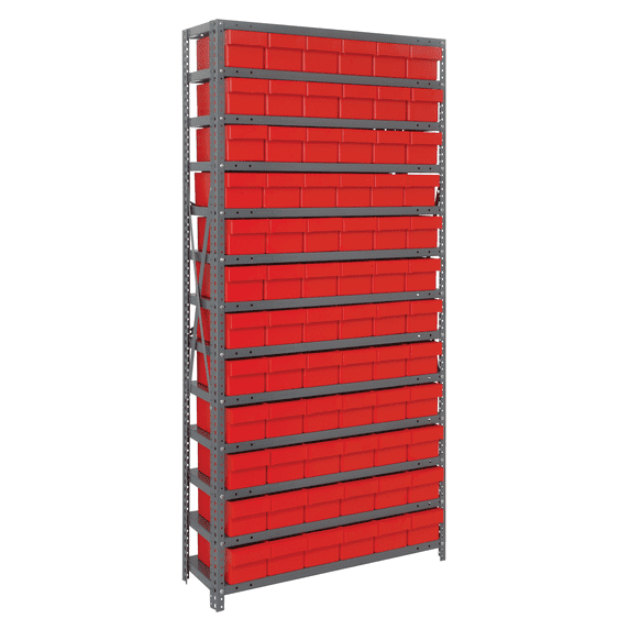 Quantum Storage Systems 1875-602RD Solid Heavy Duty 13 Shelves 75" H x 36" W x 18" D with 72 Red Bins 18" L x 6" W x 5" H