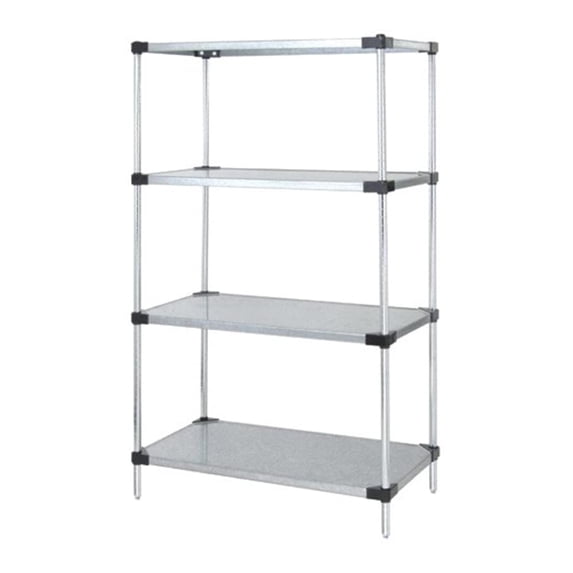 Solid Shelving Starter Kit, 72"W x 18"D x 86"H, 300 - 600 lb. capacity, includes (4) solid shelves and (4) posts, galvanized steel, NSF, shipped KD