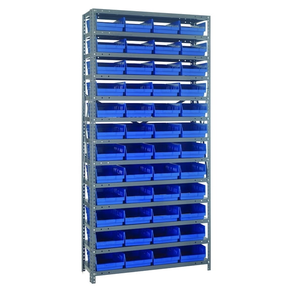 Quantum Storage Systems 1275-107BL Solid Heavy Duty 13 Shelves 75" H x 36" W x 12" D with 48 Blue Bins 12" L x 9" W x 4" H