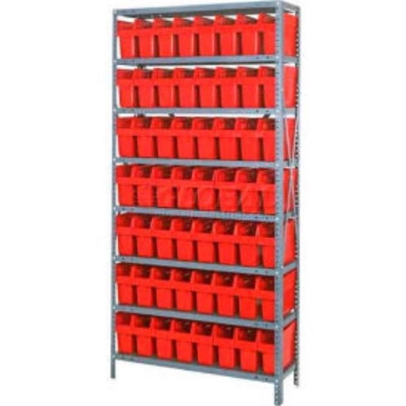 Quantum Storage Systems B970483 1275-SB801 Steel Shelving with 56 8 in. Plastic Shelf Bins, Red - 36 x 12 x 75 in.