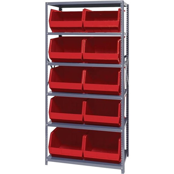 Quantum Storage Systems 268943RD QSBU-270 Steel Shelving with 10 Giant Stacking Bins, Red - 18 x 36 x 75 in.