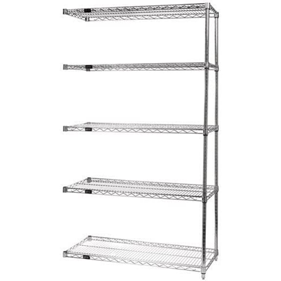 Wire Shelving Add-On Kit, 48"W x 36"D x 86"H, 600 - 800 lb. capacity, includes (5) wire shelves, (2) posts and (10) S-Hooks, chrome plated finish, NSF, shipped KD