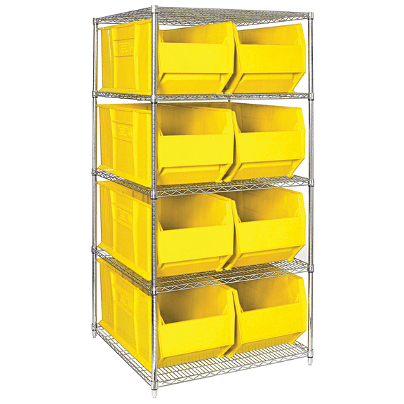 Quantum Storage Systems WR5-997YL Wire Heavy Duty 5 Shelves 74" H x 60" W x 36" D with 8 Yellow Bins 36" L x 24" W x 18" H