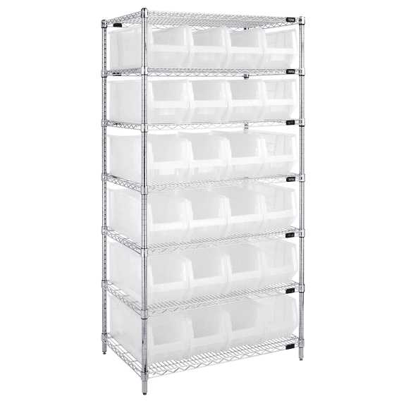 Wire Shelving Container System, 36"W x 24"D x 74"H, 800 lb. capacity, includes: (7) wire shelves, (4) 74"H posts, and (24) QUS951 clear bins, chrome plated finish, shipped KD
