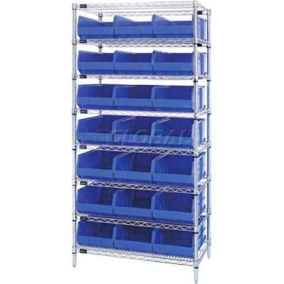 Quantum Storage Systems B815666 WR8-485 Chrome Wire Shelving with 21 SSB485 Stackable Shelf Bins, Blue - 36 x 21 x 74 in.