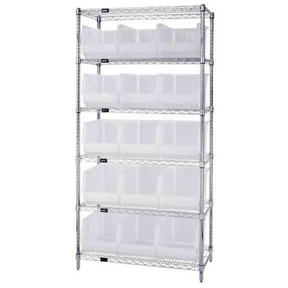Quantum Storage WR6-260CL 6 Shelf Wire Shelving Unit With 15 Clear Plastic Storage Bins, 18 x 36 x 74 in.