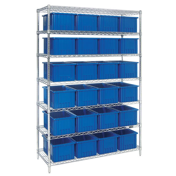 Quantum Storage Systems WR7-92080BL Wire Heavy Duty 7 Shelves 74" H x 48" W x 18" D with 24 Blue Bins 17" L x 11" W x 8" H