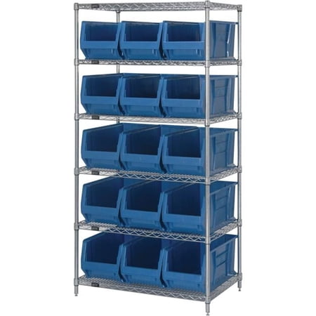 Bin Wire Shelving System, 36"W x 24"D x 74"H overall size, 800 lb. capacity per shelf, includes: (6) wire shelves, (4) posts, and (15) QUS953 blue bins, chrome plated finish
