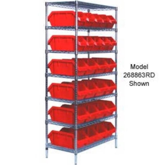 Quantum Storage Systems 268870RD W7-18-24 Chrome Wire Shelving with 24 QuickPick Double Open Bins, Red - 18 x 36 x 74 in.