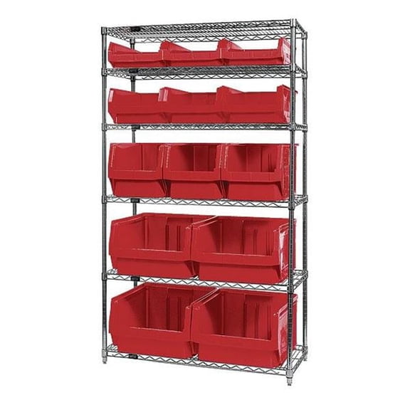 Quantum Storage Systems 268899RD WR6-13-MIX Chrome Shelving with 13 Magnum Giant Hopper Bins, Red - 18 x 42 x 74 in.