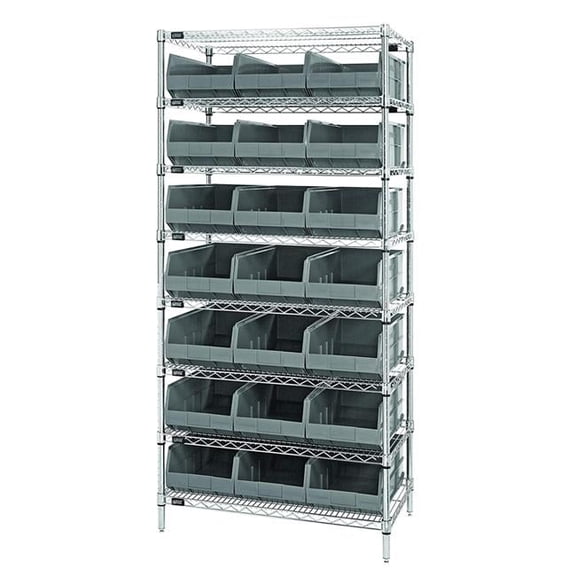 Quantum Storage Systems B815669 WR8-485 Chrome Wire Shelving with 21 SSB485 Stackable Shelf Bins, Gray - 36 x 21 x 74 in.