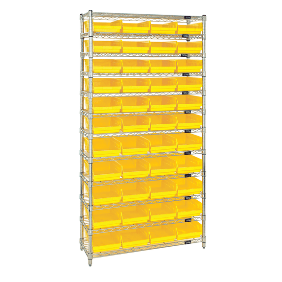 Quantum Storage Systems WR12-114YL Wire Heavy Duty 12 Shelves 74" H x 36" W x 24" D with 44 Yellow Bins 24" L x 9" W x 4" H