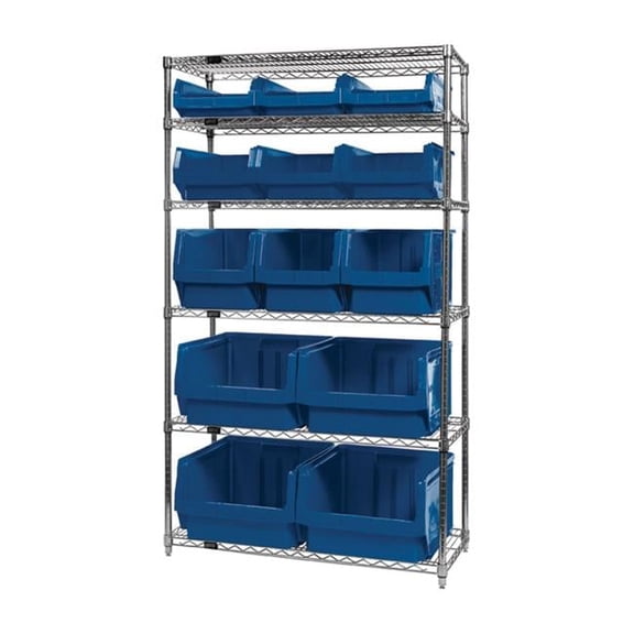 Quantum Storage Systems 268899BL WR6-13-MIX Chrome Shelving with 13 Magnum Giant Hopper Bins, Blue - 18 x 42 x 74 in.