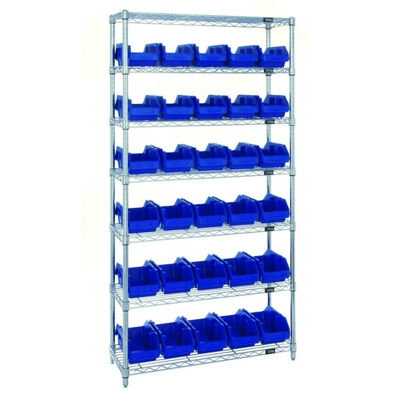 Bin System Unit, stationary, includes: (4) posts, (7) wire shelves and (30) 18-1/2"L x 6-5/8"W x 7"H blue bins (QP1867), chrome plated finish, suitable for dry storage applications, shipped KD