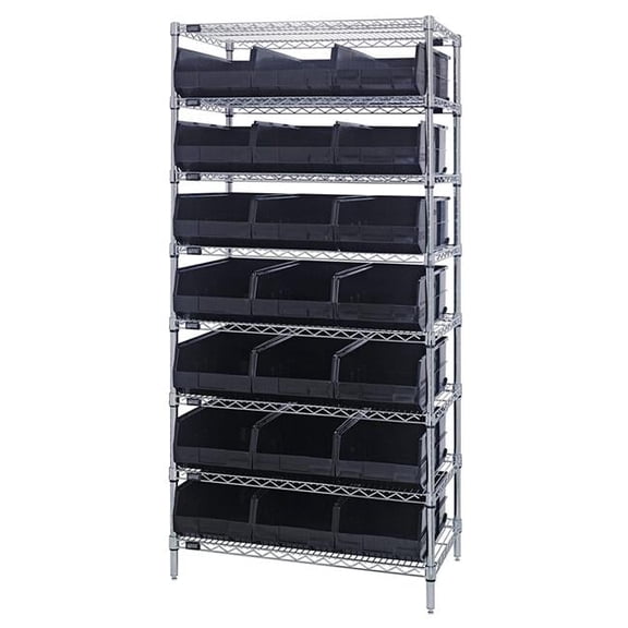 Quantum Storage Systems B815652 WR8-465 Chrome Wire Shelving with 21 SSB465 Stackable Shelf Bins, Black - 36 x 18 x 74 in.