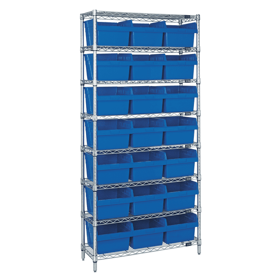 Quantum Storage Systems WR8-809BL Wire Heavy Duty 8 Shelves 74" H x 36" W x 12" D with 21 Blue Bins 12" L x 12" W x 8" H