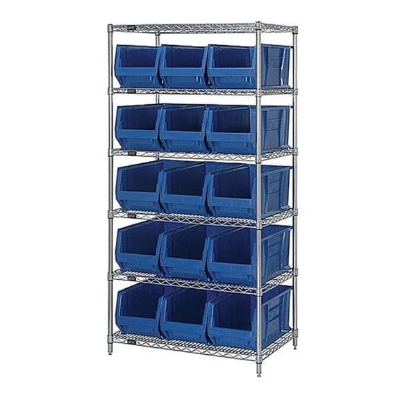 Quantum Storage Systems 268911BL WR6-973 Chrome wire Shelving with 15 30 in. Hopper Bins, Blue - 30 x 36 x 74 in.