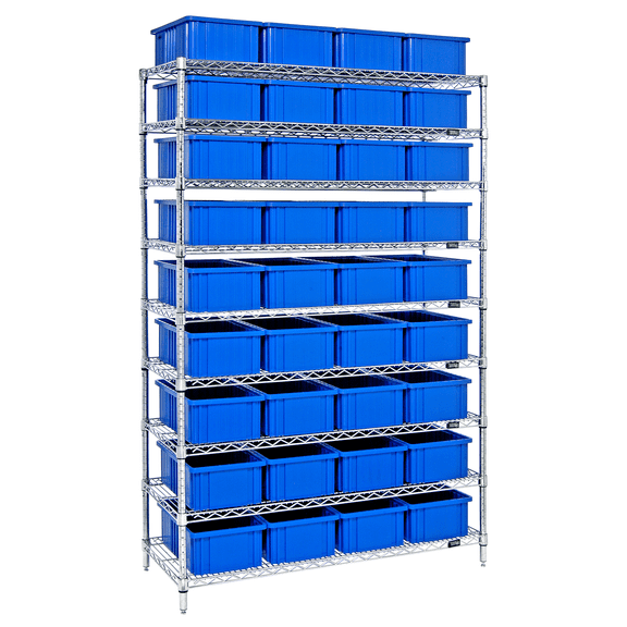 Quantum Storage Systems WR9-92060BL Wire Heavy Duty 9 Shelves 74" H x 48" W x 18" D with 36 Blue Bins 17" L x 11" W x 6" H