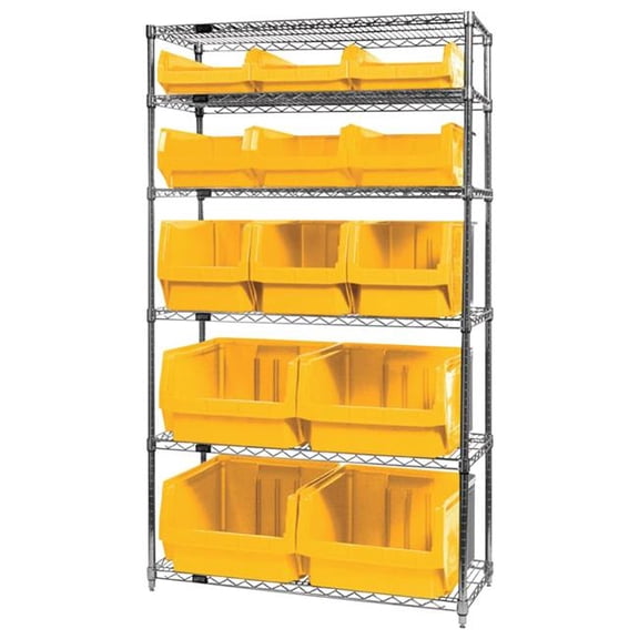 Quantum Storage Systems 268899YL WR6-13-MIX Chrome Shelving with 13 Magnum Giant Hopper Bins, Yellow - 18 x 42 x 74 in.