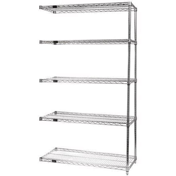 Wire Shelving Add-On Kit, 72"W x 24"D x 86"H, 600 - 800 lb. capacity, includes (5) wire shelves, (2) posts and (10) S-Hooks, chrome plated finish, NSF, shipped KD