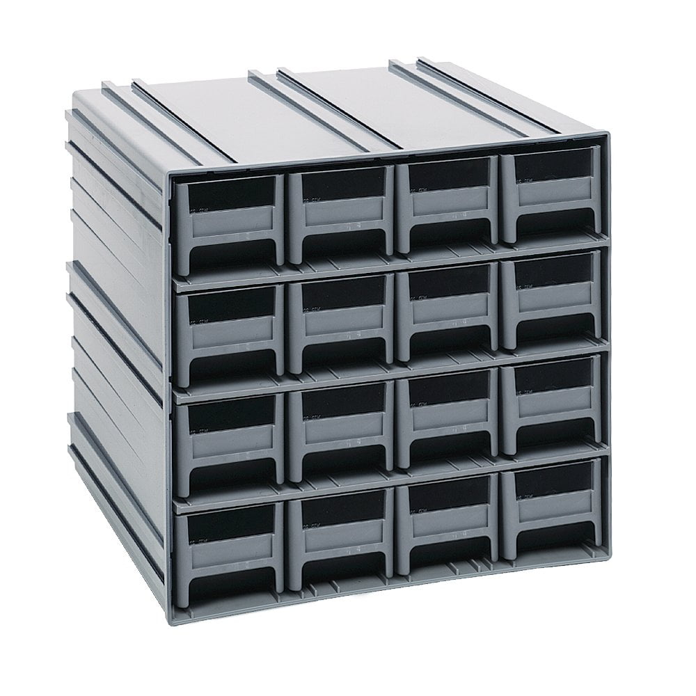 Gray High-Impact Polystyrene Interlocking Storage Cabinet with 16 Drawers