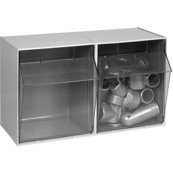 Tip Out Bin, (2) compartment, handle with label slot, opens to a 45 angle, plastic clear container, polystyrene gray cabinet, Made in USA