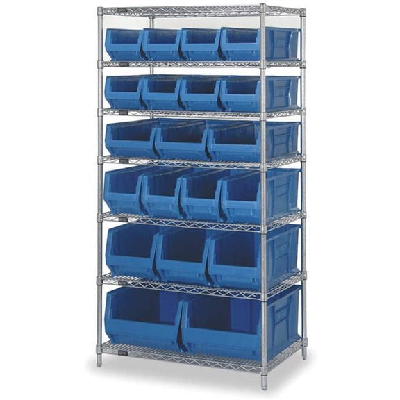 Quantum Storage Systems 239523BL WR7-20-MIXBL Chrome Wire Shelving with 20 24 in. Bins, Blue - 36 x 24 x 74 in.