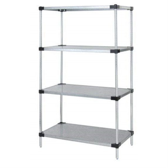 Solid Shelving Starter Kit, 48"W x 24"D x 74"H, 300 - 600 lb. capacity, includes (4) solid shelves and (4) posts, 304 stainless steel, NSF, shipped KD