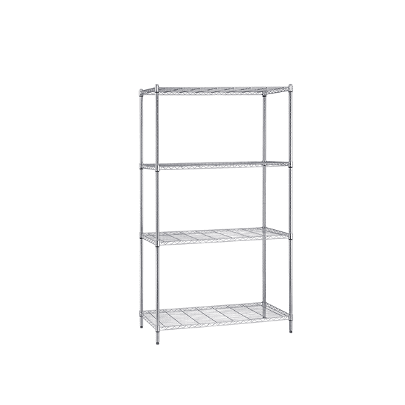 Wire Shelving Starter Kit, 30"W x 18"D x 54"H, 600 - 800 lb. capacity, includes (4) wire shelves and (4) posts, chrome plated finish, NSF, shipped KD