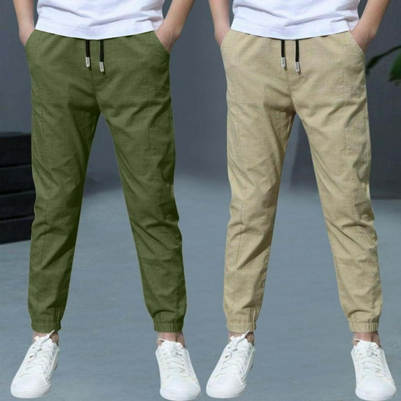 Quaouag 2 Pack Boys Linen Pants Summer Chino Pants Drawstring Trousers Lightweight Athletic Pant Casual Pant School Uniform