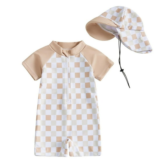 Quaouag Baby Boy Girl Swimsuit Toddler Checkered Print Half Zip One Piece Bathing Suit Swimsuit Rash Guard Surfing Suit Hat
