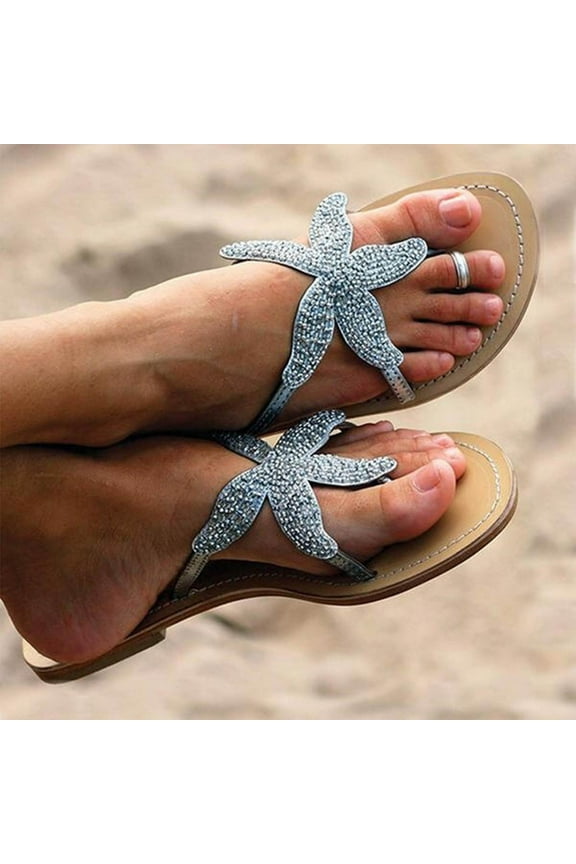 Beach Sandals for Woman, Women's Cute Starfish Flat Sandals Open Toe Slide Fashion Slip-on Slides Dressy Comfortable Bohemian Flats Summer Thong Flip Flops