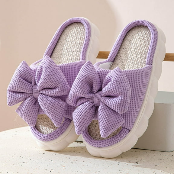 Quaouag Bow shaped slippers cute women's summer home open toe linen slippers