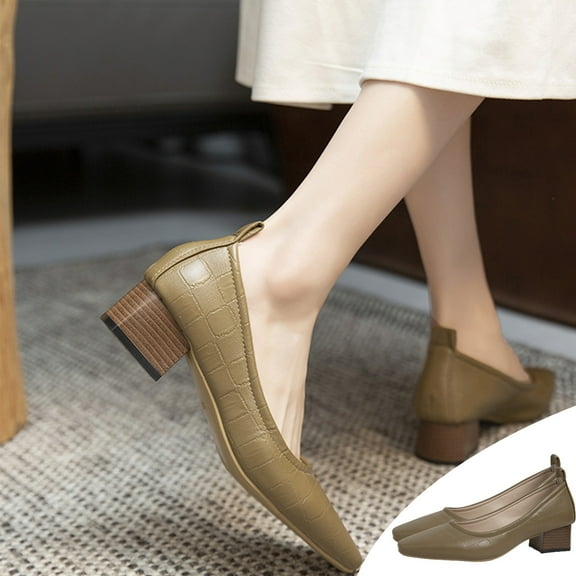 Quaouag Classic Closed Square Toe Chunky Block Heels Women Soft PU Leather Mid Heel Dress Shoes Comfortable Low Heel Pumps for Office