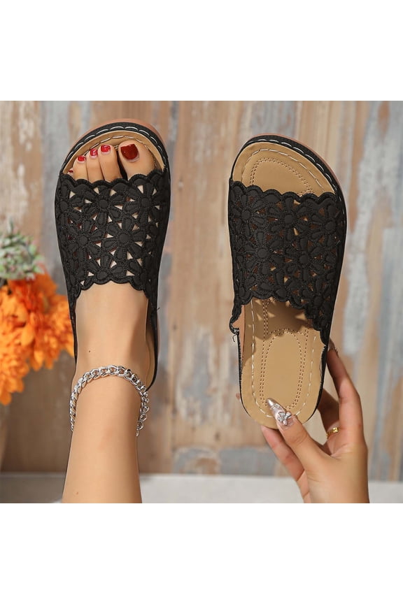 Floral Cutout Women's Leather Soft Insole Orthopedic Arch Support fish-mouth Sandals, Retro Bohemian Wedge Slippers, Suede Moccasins