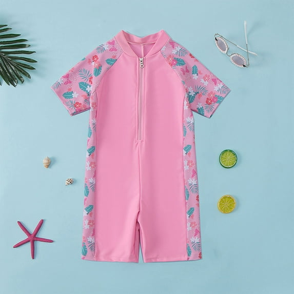 Quaouag Girl One Piece Rash Guard Swimsuits Short Sleeve Swim Shirt for Kids UPF 50+ Sun Protection Bathing Suits