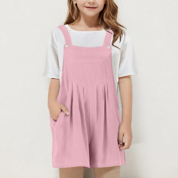 Quaouag Girl's Short Overalls Summer Casual Adjustable Strap Loose Linen Bib Overalls Short Jumpsuit Rompers with Pockets