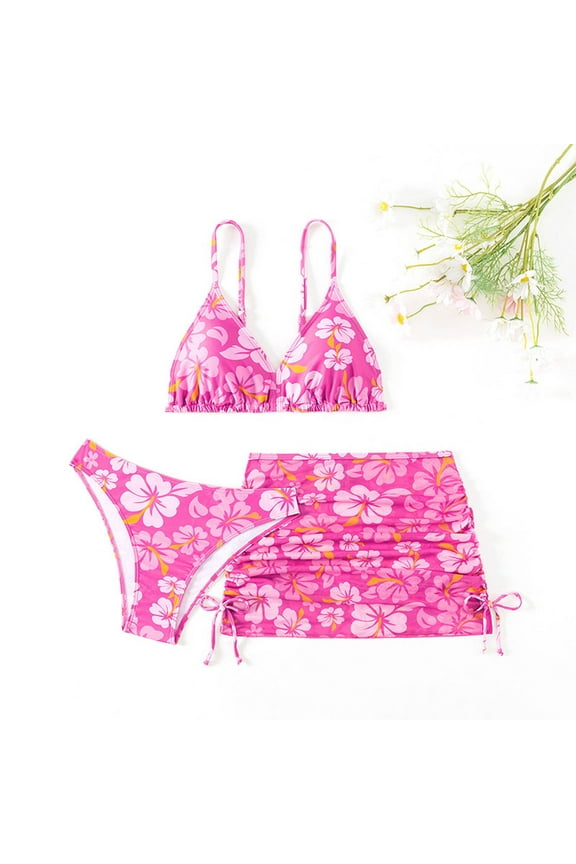 Girls' 3 Piece Set Floral Print Bikini Swimsuit with Drawstring Beach Skirt Cute Ruched Bathing Suit Light Blue,Hot Pink 140,150,160,170