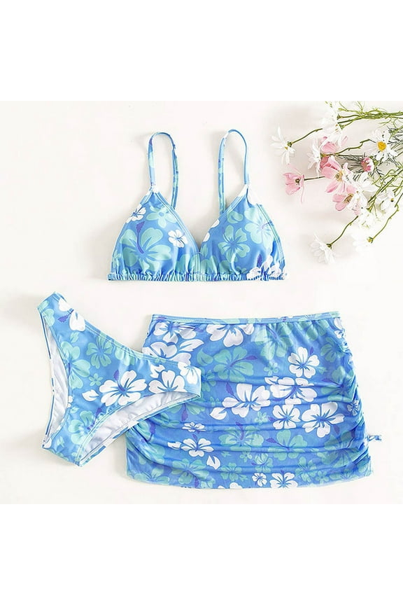 Girls' 3 Piece Set Floral Print Bikini Swimsuit with Drawstring Beach Skirt Cute Ruched Bathing Suit Light Blue,Hot Pink 140,150,160,170