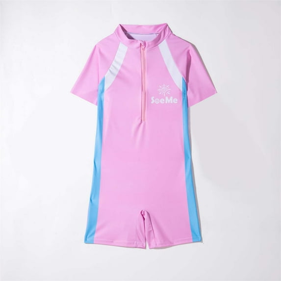Quaouag Girls Color strip One Piece Swimsuit Swimwear short Sleeve Rash Guard Sunsuit Wetsuit surf Bathing Suit