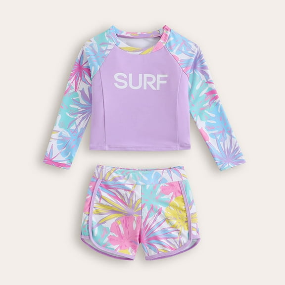Quaouag Girls Rashguard 2 Pieces Long Sleeve Swimsuit Swimwear with Shorts Purple 4Y,5Y,6Y,7Y