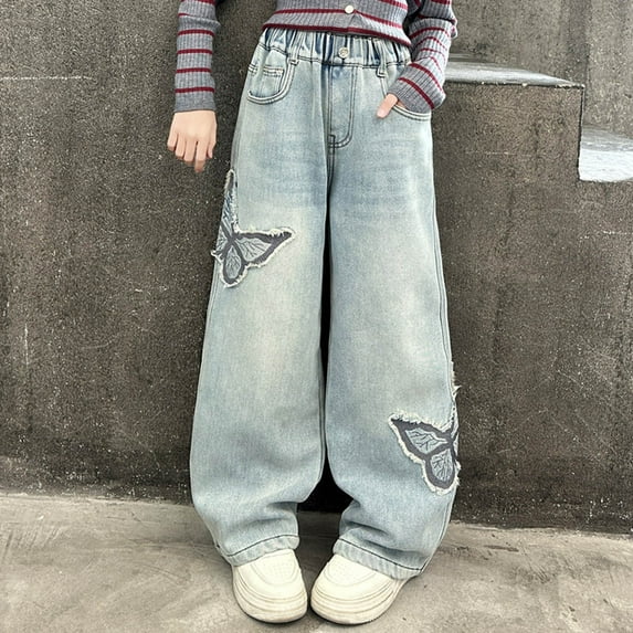 Quaouag Girls Wide Leg Jeans Baggy Heart Embroidery Elastic High Waist Denim Pants Vintage Y2k Streetwear Aesthetic Teen Clothes