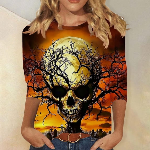 Quaouag Halloween Shirts for Women Witches Gather Party Tshirt Halloween Witches Graphic Tees Witches Full Moon Art Print Shirt