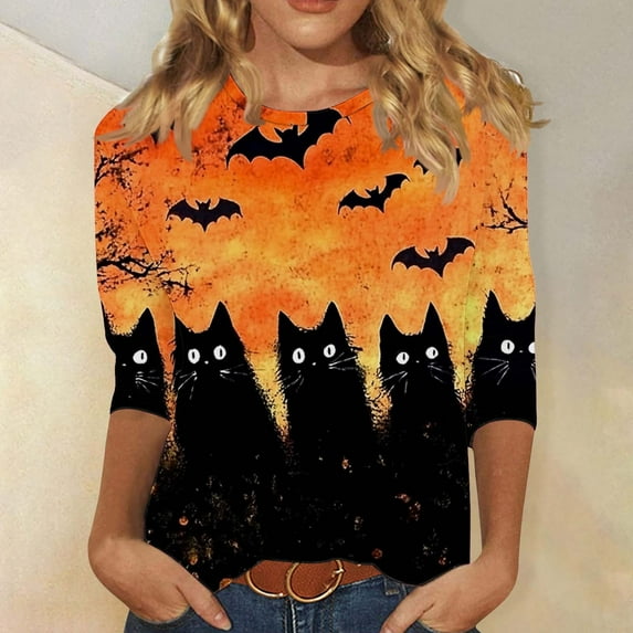 Quaouag Halloween Shirts for Women Witches Gather Party Tshirt Halloween Witches Graphic Tees Witches Full Moon Art Print Shirt