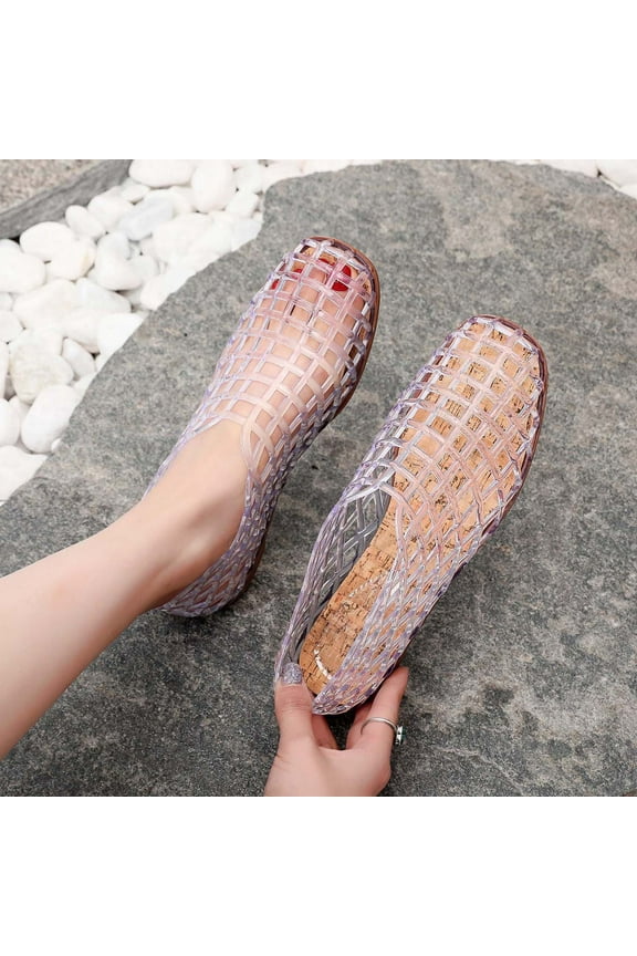 Jelly Mesh Ballet Flats for Women Adult Clear Hollow Jelly Sandals Beach Ballerina Jellies Shoes