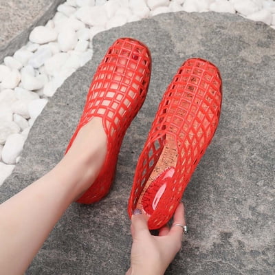 Quaouag Jelly Mesh Ballet Flats for Women Adult Clear Hollow Jelly Sandals Beach Ballerina Jellies Shoes
