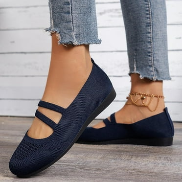 Quaouag Knitted Ballet Flats for Women Ladies Round Toe Strappy Comfortable Formal Dress Loafers Casual Slip On Walking Driving Shoes for Work Nurse