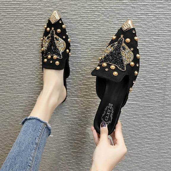 Quaouag Mules for Women Flats Comfortable Soft Memory Foam Insole Fox Pointed Rivet Mule Shoes